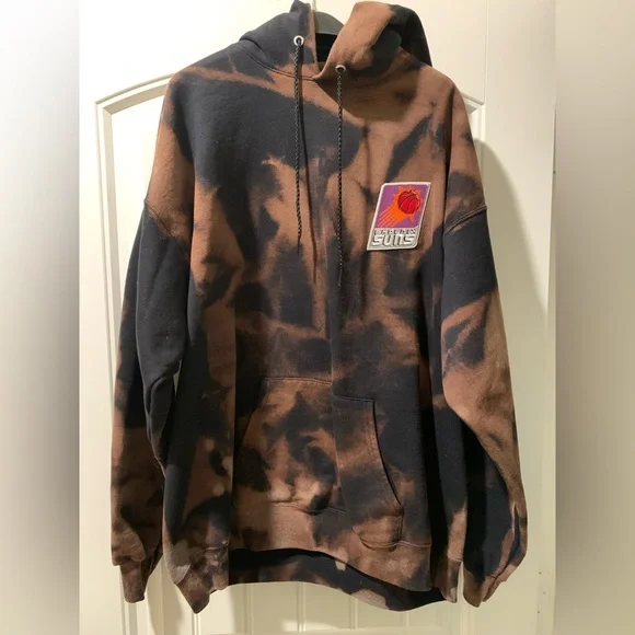 CUSTOM Hanes Men’s EcoSmart Black Bleached Hooded Sweatshirt Retro Suns Patch XL - Picture 1 of 5